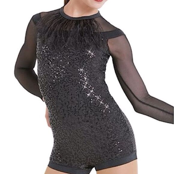 Weissman dance costume black feather biketard Hungry Like The Wolf 11626 LC - Picture 1 of 10